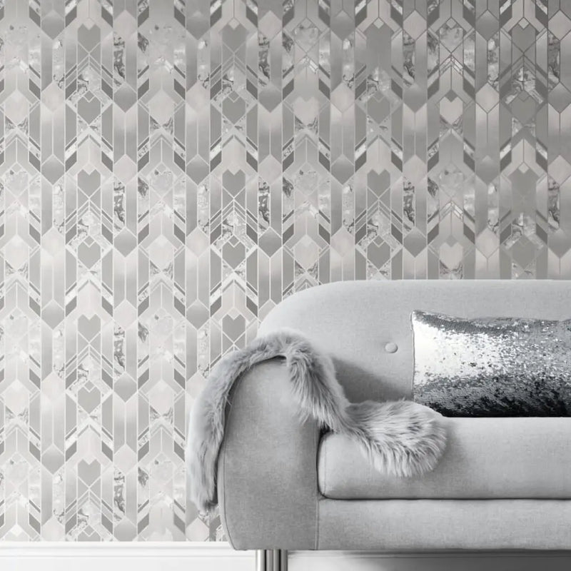 Muriva Elixir Geometric Marble Shapes Silver Wallpaper 167501