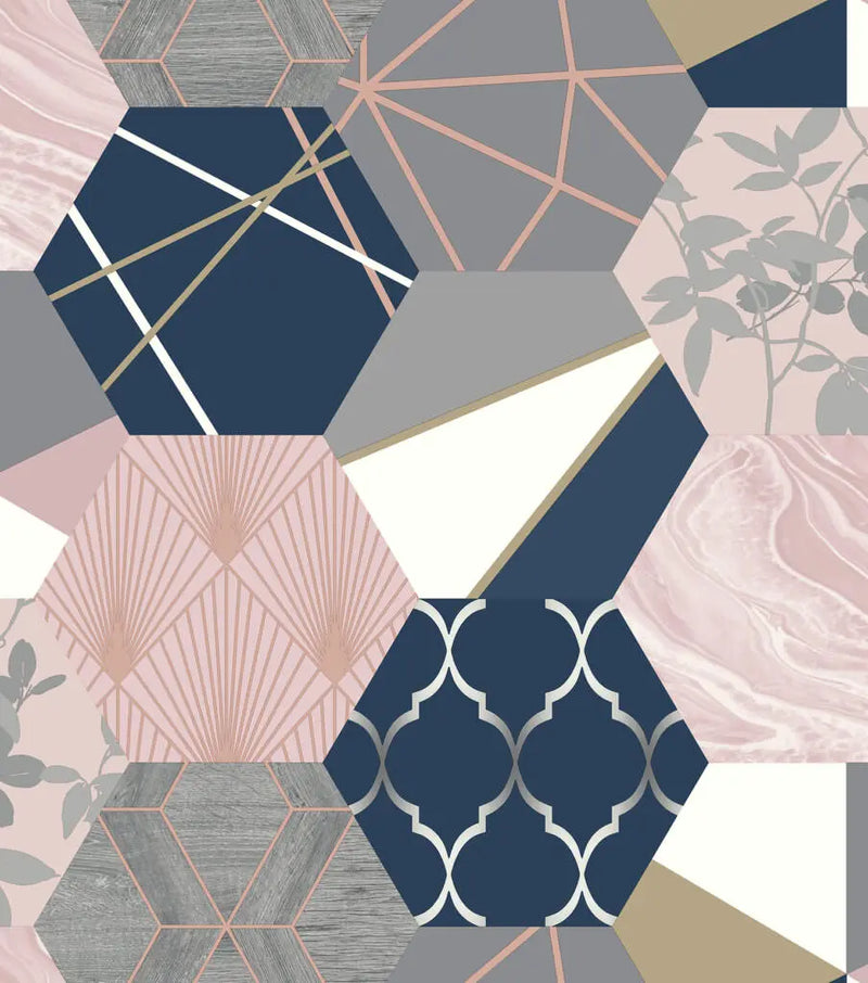 Rasch Geo Hex Pink & Blue Wallpaper 215908