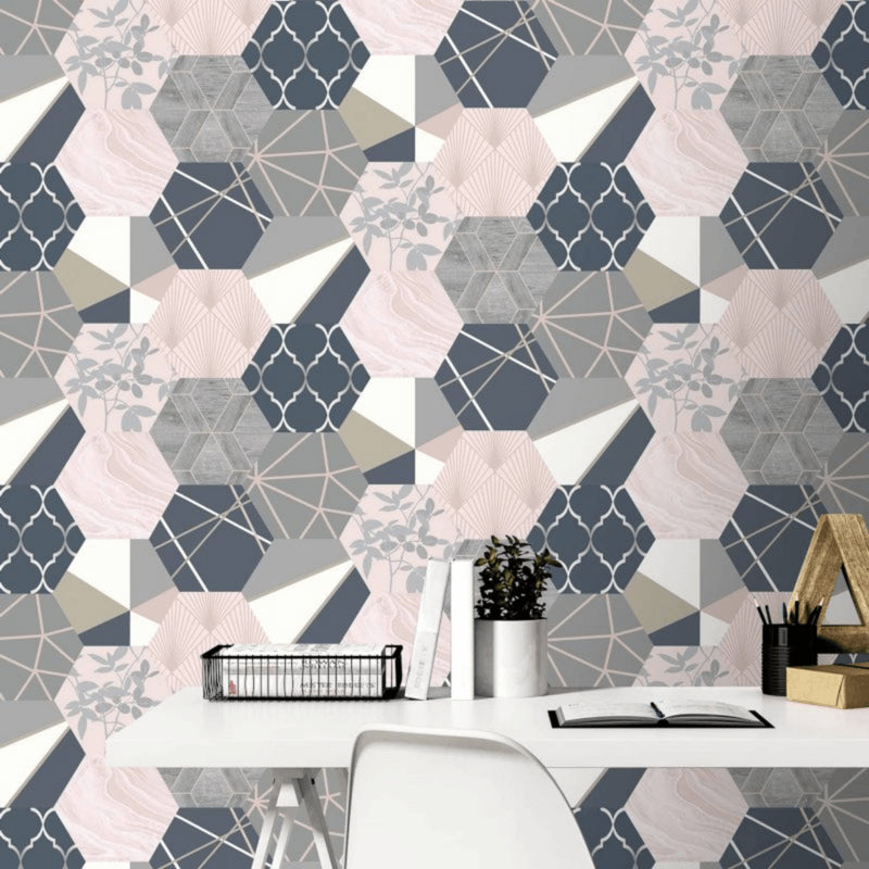 Rasch Geo Hex Pink & Blue Wallpaper 215908