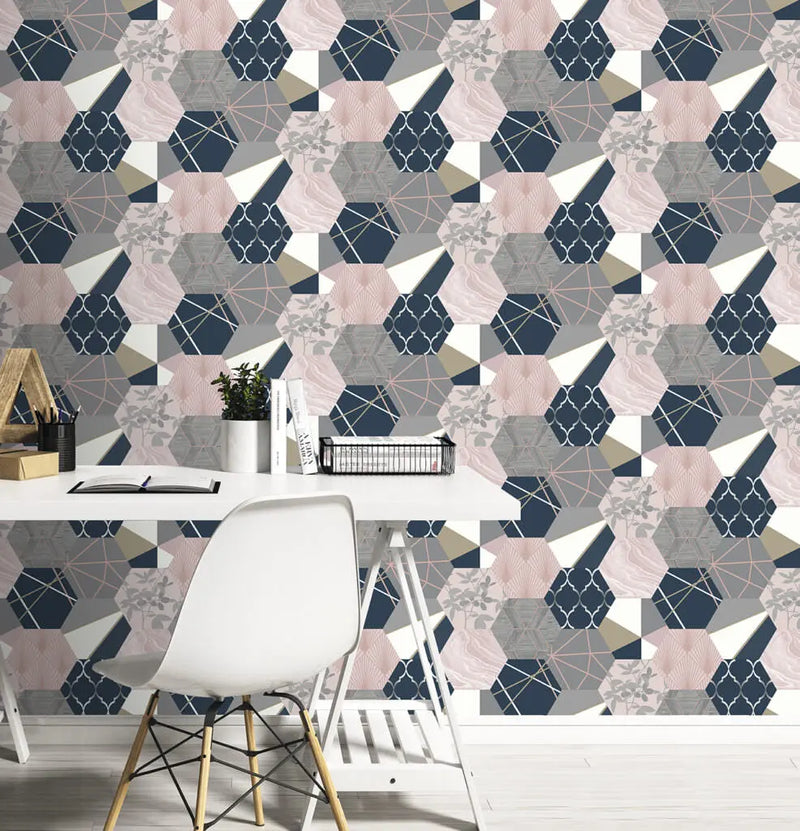 Rasch Geo Hex Pink & Blue Wallpaper 215908