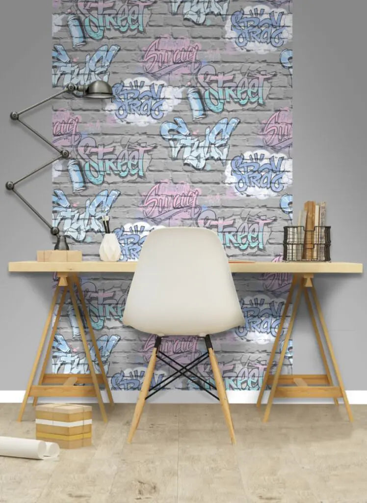 Muriva Graffiti Brick Pattern Grey Wallpaper L17906