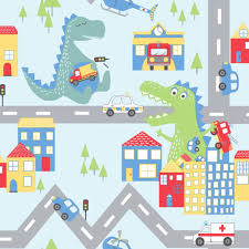 Holden Decor Dino Road Blue & Multicoloured Wallpaper 90911