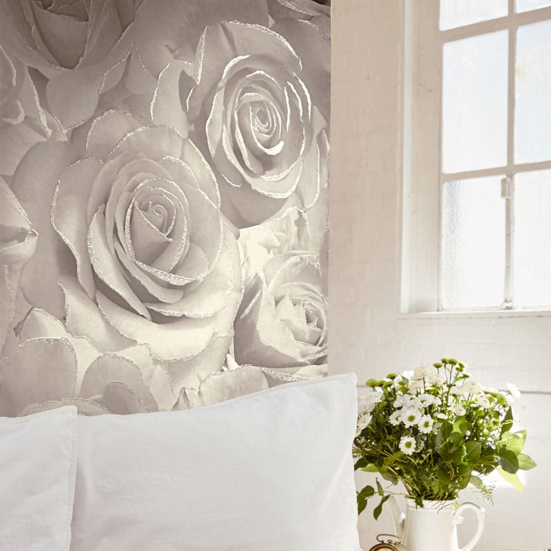 Madison Rose Glitter Floral Wallpaper Pearl and Cream Muriva 139524