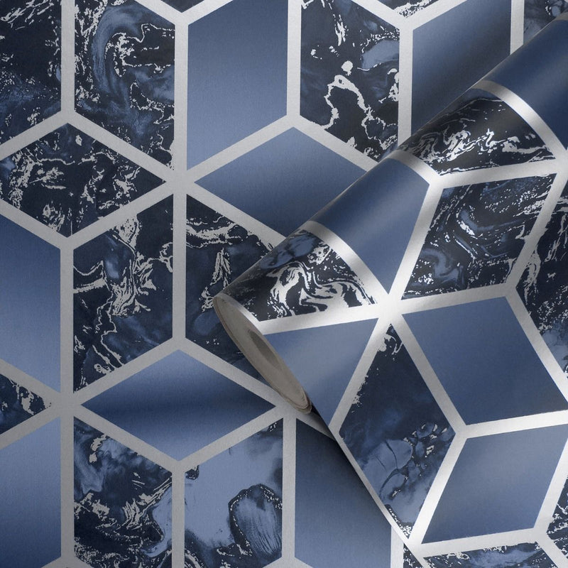 Elixir Cube Marble Wallpaper Navy / Silver Muriva 166512