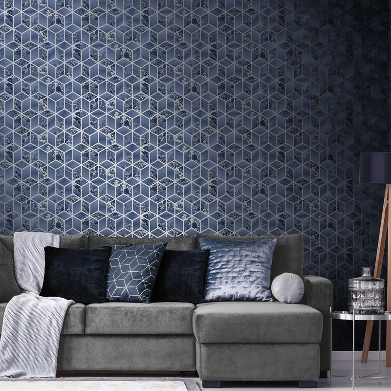 Elixir Cube Marble Wallpaper Navy / Silver Muriva 166512