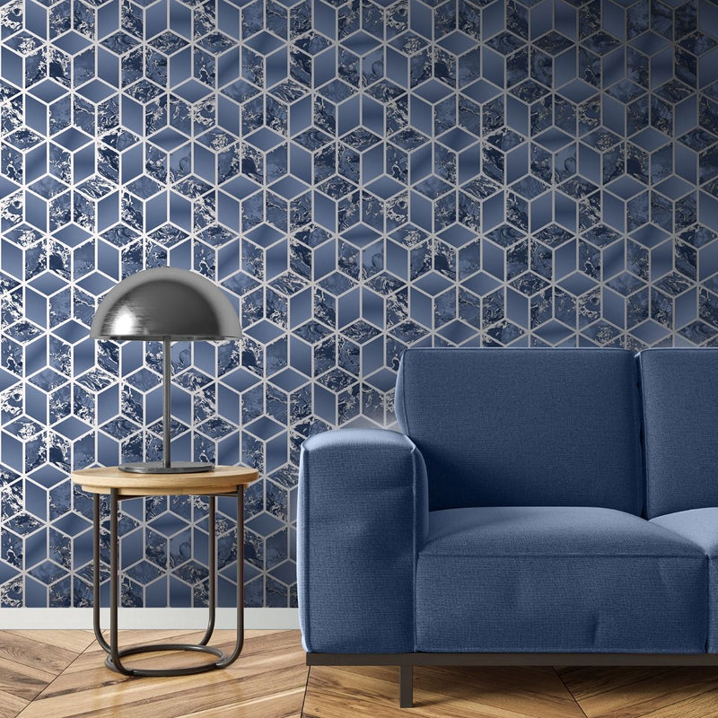 Elixir Cube Marble Wallpaper Navy / Silver Muriva 166512