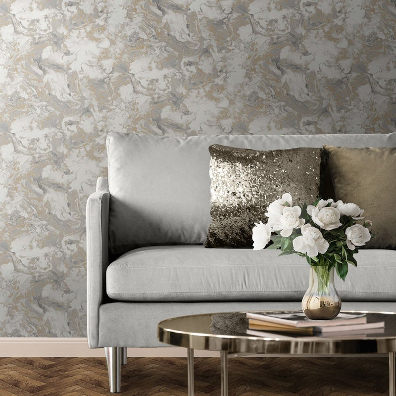 Elixir Marble Wallpaper Grey / Gold Muriva 166506