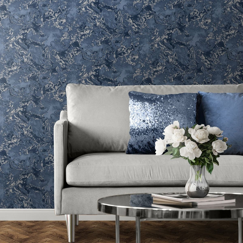 Elixir Marble Wallpaper Navy Blue / Silver Muriva 166505