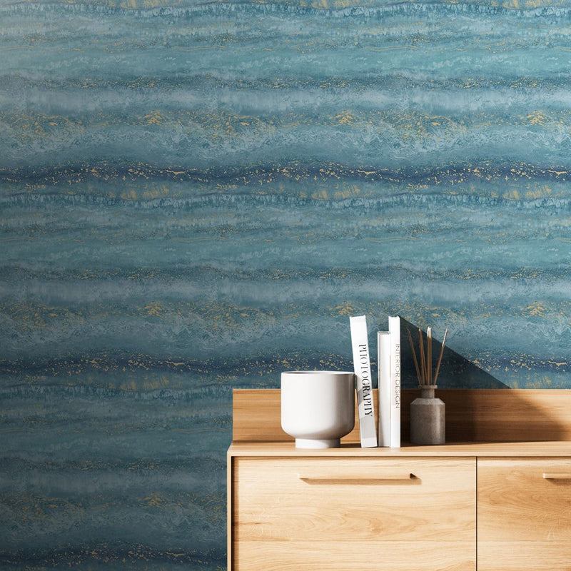 Semper Marble Wallpaper Teal / Gold Muriva 189504