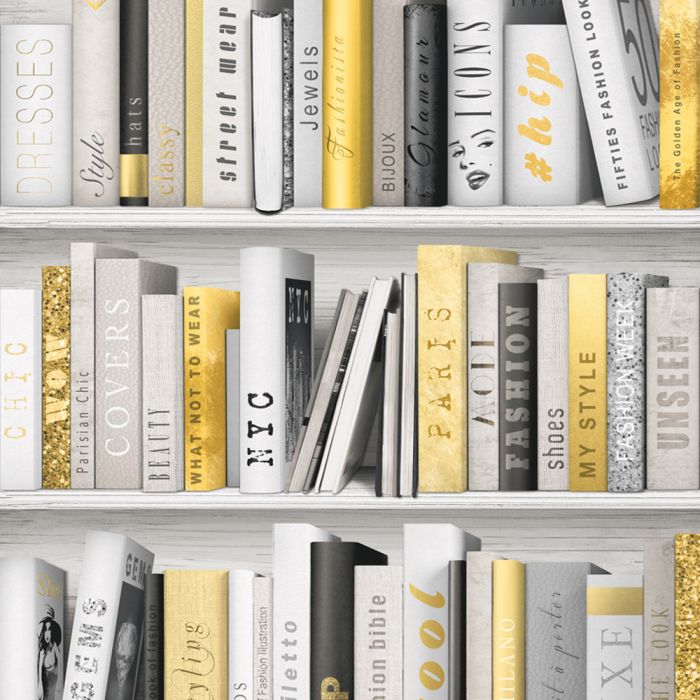 Fashion Library Bookcase Wallpaper Gold Muriva 139503