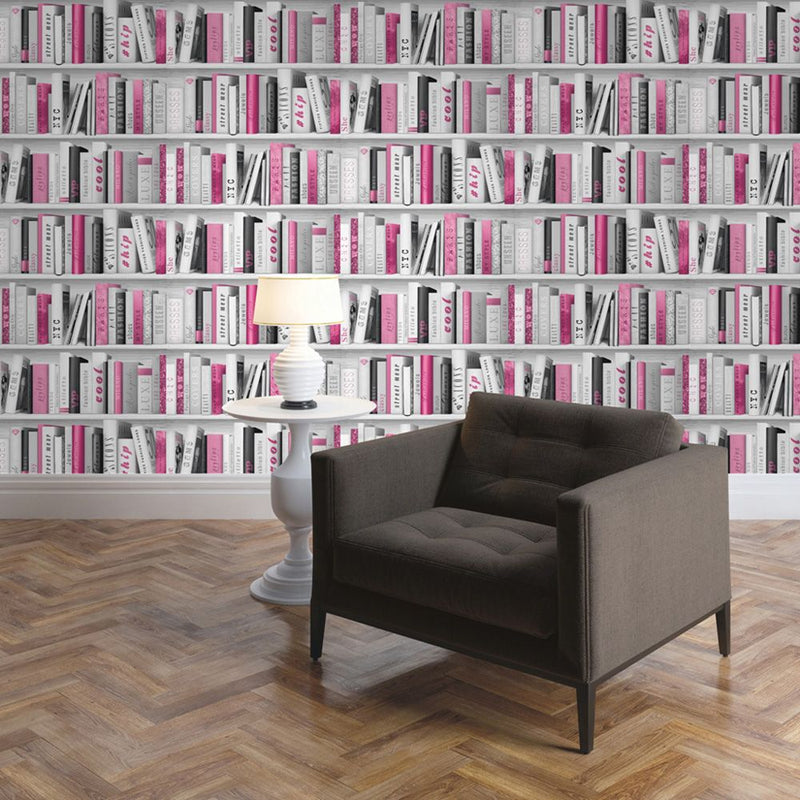 Fashion Library Bookcase Wallpaper Pink Muriva 139501