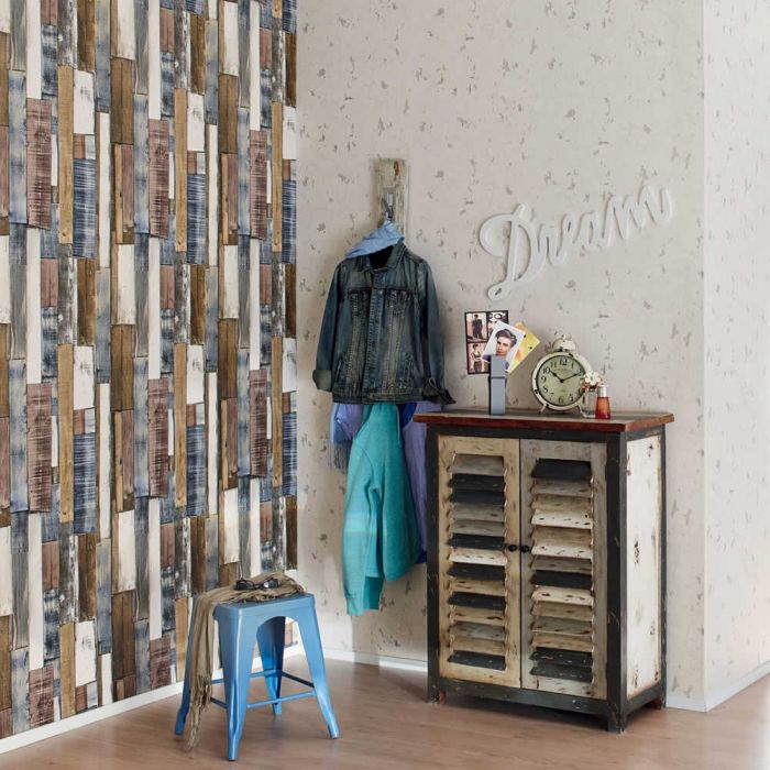 Wood Board Panel Wallpaper Natural and Blue Rasch 203707