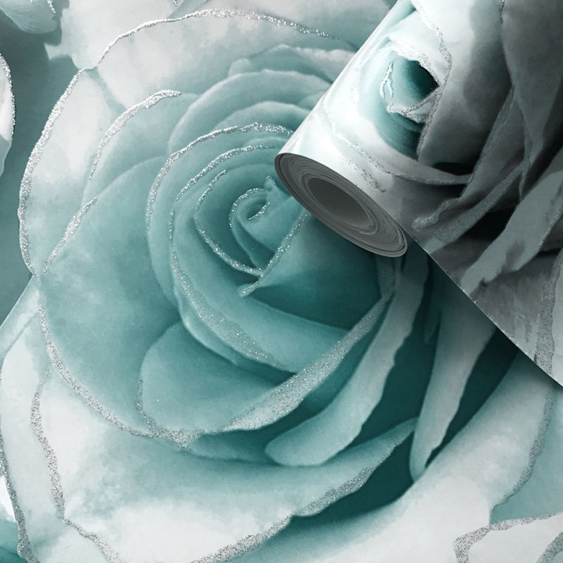 Madison Rose Glitter Floral Wallpaper Aqua and Grey Muriva 139523