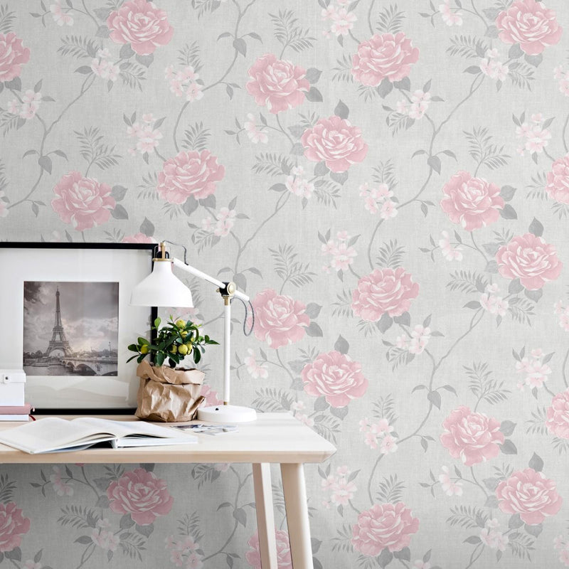 Rosalind Floral Wallpaper Pink Muriva 173504
