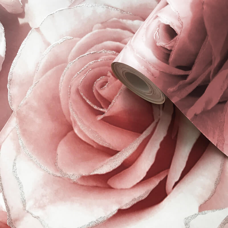 Madison Rose Glitter Floral Wallpaper Raspberry and Blush Pink Muriva 139521