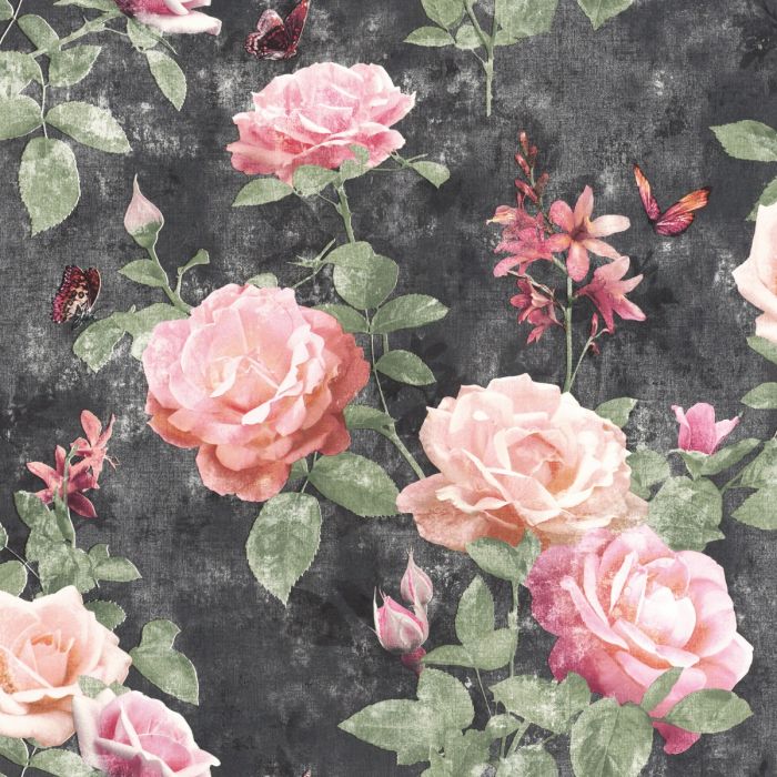 Portfolio Vintage Rose Wallpaper Pink / Charcoal Rasch 215014