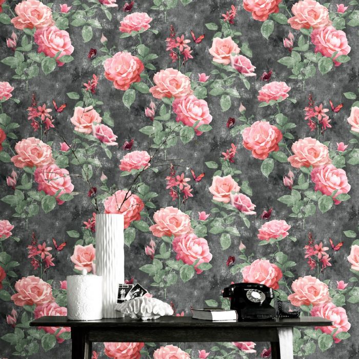 Portfolio Vintage Rose Wallpaper Pink / Charcoal Rasch 215014