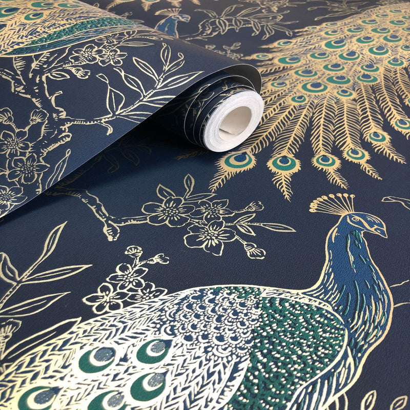 Portfolio Peacock Wallpaper Navy / Gold Rasch 215700