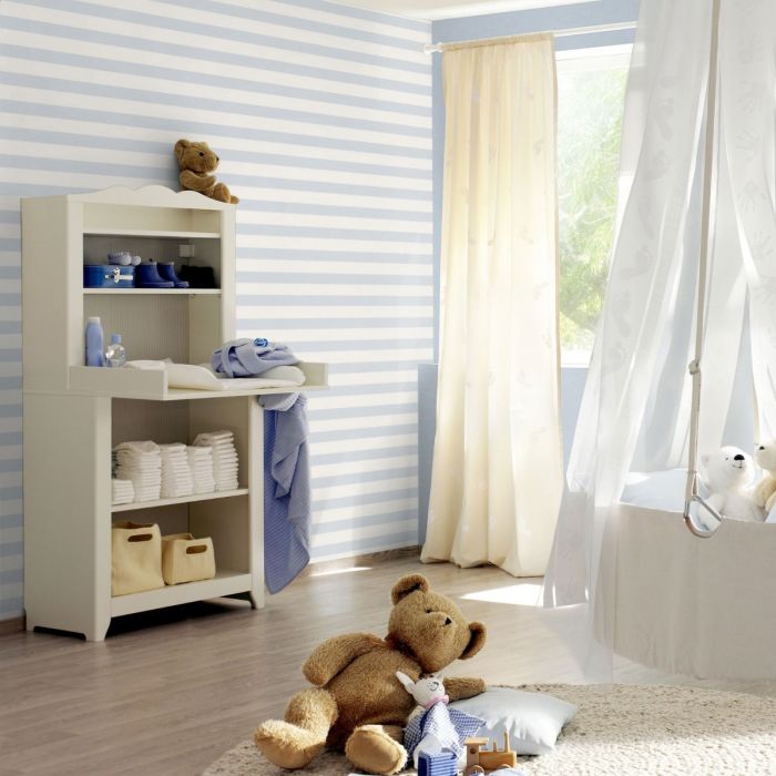 Bambino XVIII Narrow Stripe Wallpaper Blue / White Rasch 246025