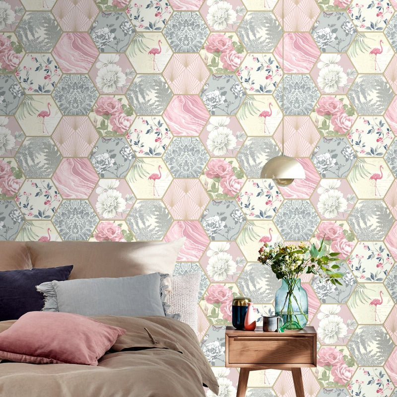 Patchwork Geo Hexagon Wallpaper Grey / Pink Rasch 249538